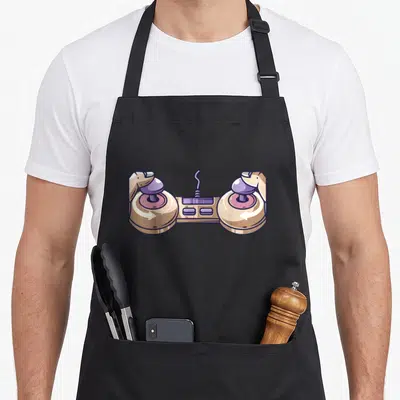 Tablier de cuisine noir avec illustration colorée d'une manette de jeu vidéo tenue par deux mains.