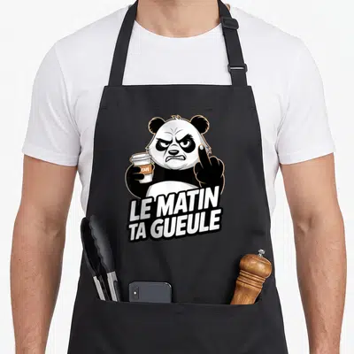 Tablier de cuisine noir avec illustration d'un panda mécontent tenant un gobelet de café blanc et levant le majeur sous la citation le matin ta gueule.
