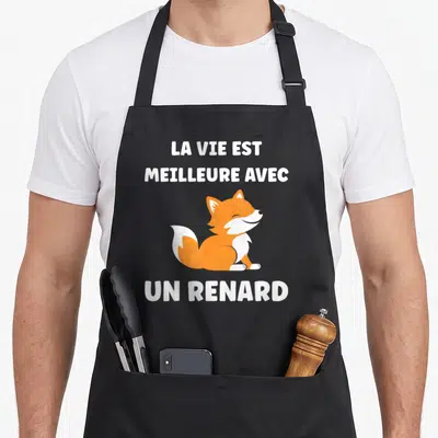 Tablier de cuisine noir avec illustration d'un renard souriant orange et blanc et texte blanc La vie est meilleure avec un renard