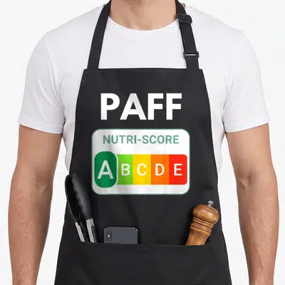 Tablier de cuisine noir avec le mot Paff au-dessus d'un étiquette Nutri-Score grade A vert.