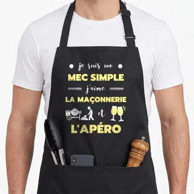 Tablier de cuisine noir avec inscription mec simple j'aime la maçonnerie et l'apéro en jaune et blanc