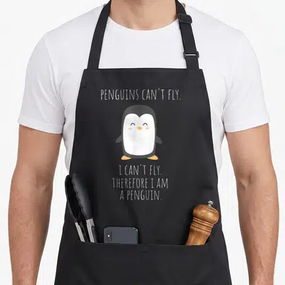 Tablier de cuisine noir avec pingouin souriant et texte blanc sur fond uni
