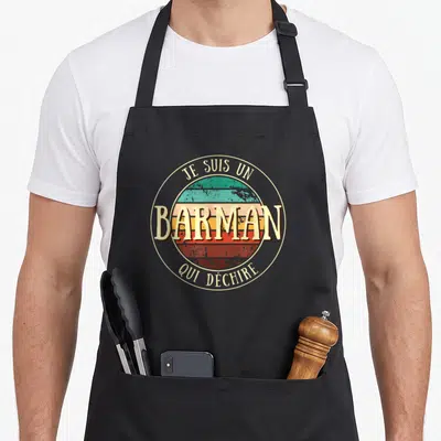 Tablier de cuisine noir avec logo circulaire barman qui déchire sur fond de soleil multicolore vintage