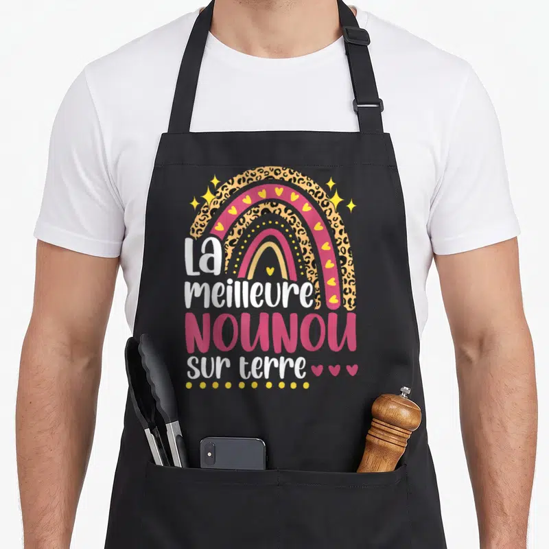 Tablier de cuisine noir avec arc en ciel rose léopard et texte La meilleure Nounou sur terre