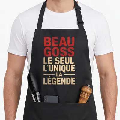 Tablier de cuisine noir avec inscription rouge et beige Beau Goss Le Seul L'Unique La Légende