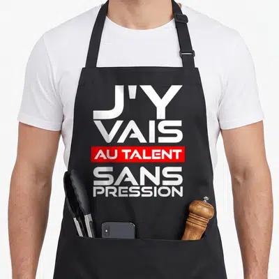 Tablier de cuisine noir avec inscription blanche et bande rouge J'y vais au talent sans pression
