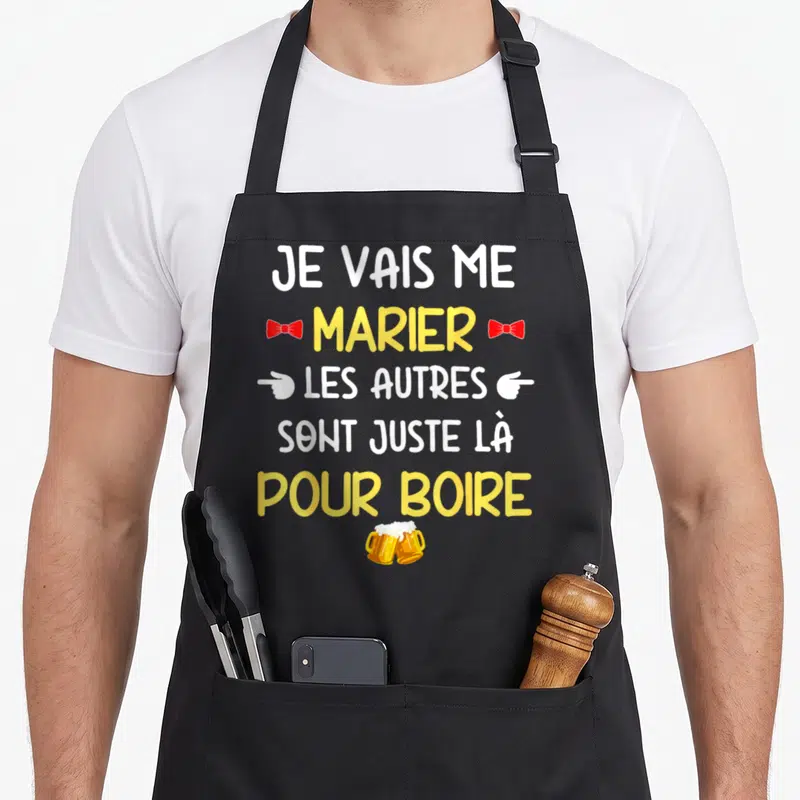Tablier de cuisine noir avec le texte Je vais me marier les autres sont juste là pour boire en jaune et blanc.