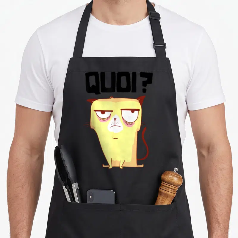 Tablier de cuisine noir avec un chat jaune aux yeux cernés et le texte quoi au-dessus.