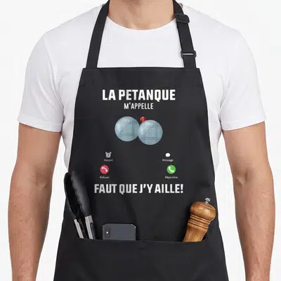 Tablier de cuisine noir avec illustration de boules de pétanque et texte blanc imitant une notification téléphonique.