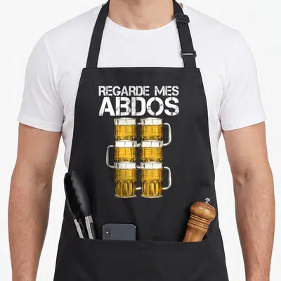 Tablier de cuisine noir avec six verres de bière empilés et le texte regarde mes abdos en blanc.