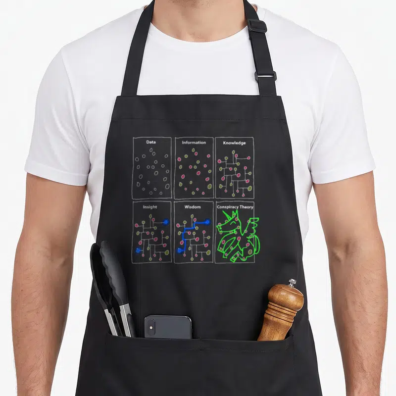 Tablier de cuisine noir avec six panneaux schématiques illustrant Data, Information, Knowledge, Insight, Wisdom et Conspiracy Theory en dessin coloré.