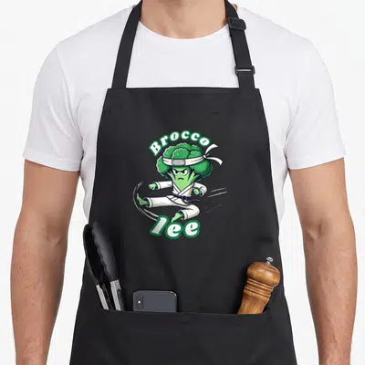 Tablier de cuisine noir avec illustration d'un brocoli en tenue de karaté et le texte Brocco Lee.