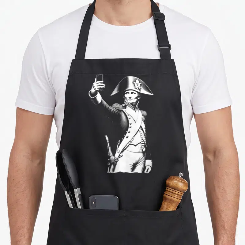 Tablier de cuisine noir avec une illustration de Napoléon Bonaparte tenant un smartphone pour se prendre en photo.