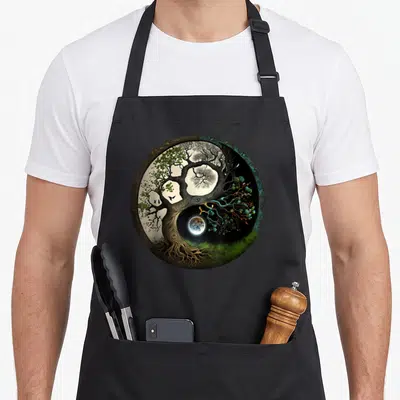 Tablier de cuisine noir avec illustration circulaire représentant un arbre de vie fusionnant avec le symbole yin yang et des éléments lunaires.