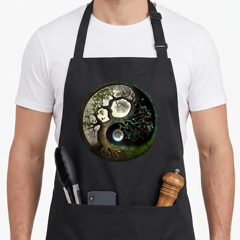 Tablier de cuisine noir avec illustration circulaire représentant un arbre de vie fusionnant avec le symbole yin yang et des éléments lunaires.
