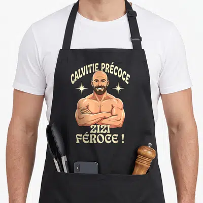 Tablier de cuisine noir avec illustration d'un homme musclé chauve souriant et du texte Calvitie Précoce Zizi Féroce.
