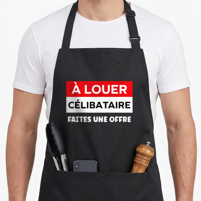 Tablier de cuisine noir avec signal rouge et blanc à louer célibataire faites une offre