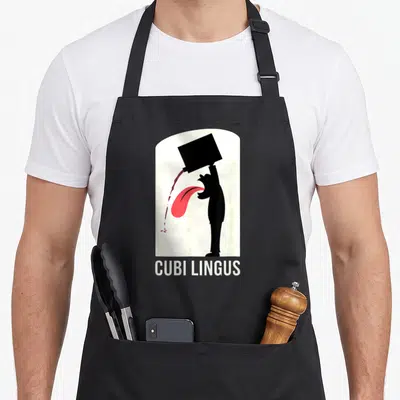 Tablier de cuisine noir avec silhouette noire buvant du vin rouge par la bouche et texte Cubi Lingus en bas.