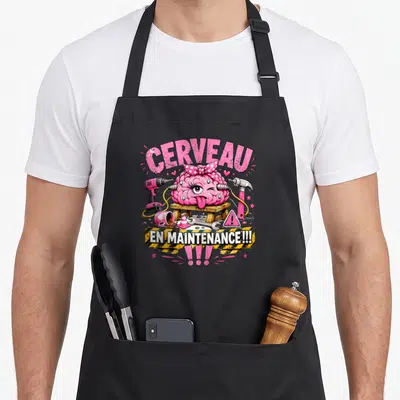 Tablier de cuisine noir avec illustration d'un cerveau rose coquin entouré d'outils de réparation et du texte en maintenance.