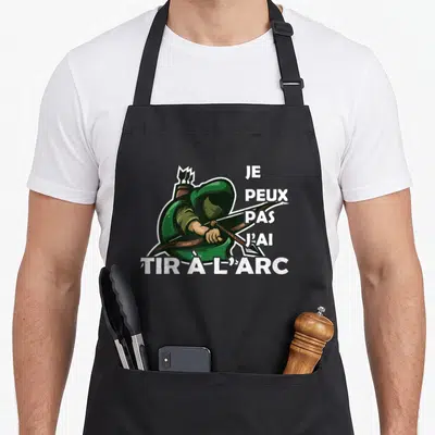 Tablier de cuisine noir avec illustration d'archer vert et texte blanc Je peux pas j'ai tir à l'arc
