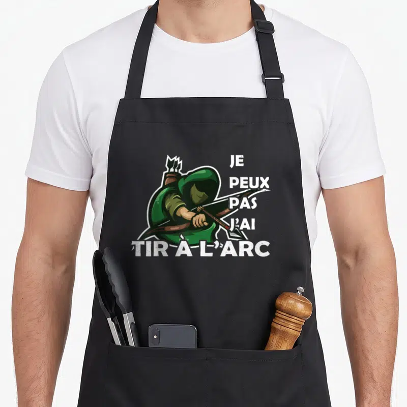 Tablier de cuisine noir avec illustration d'archer vert et texte blanc Je peux pas j'ai tir à l'arc