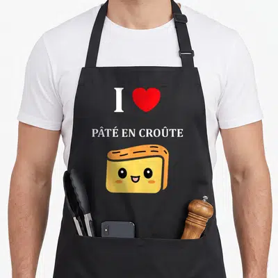 Tablier de cuisine noir avec un cœur rouge, le texte I love Pâté en croûte et une illustration souriante de pâté en croûte jaune et doré.