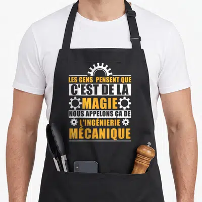 Tablier de cuisine noir avec inscription orange et blanche sur l'ingénierie mécanique et dess décoratifs.