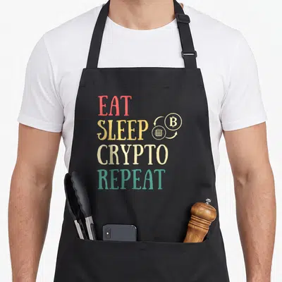 Tablier de cuisine noir avec l'inscription Eat Sleep Crypto Repeat en lettres colorées et icônes Bitcoin et circuit imprimé vintage.