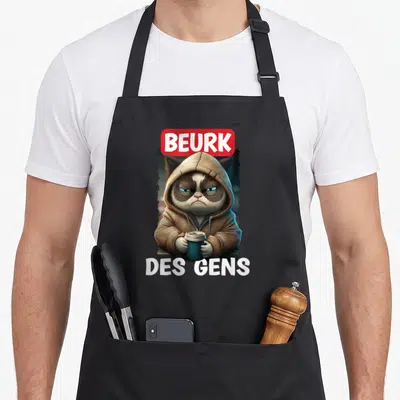 Tablier de cuisine noir avec illustration d'un chat grognon en pull à capuche tenant une tasse de café bleue.