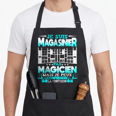 Tablier de cuisine noir avec inscription Je suis magasinier pas magicien illustration de rayons et chariot bleu turquoise