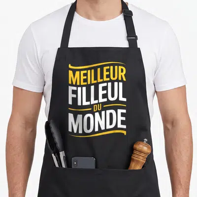 Tablier de cuisine noir avec inscription meilleure filleul du monde en lettres jaunes et blanches stylisées.