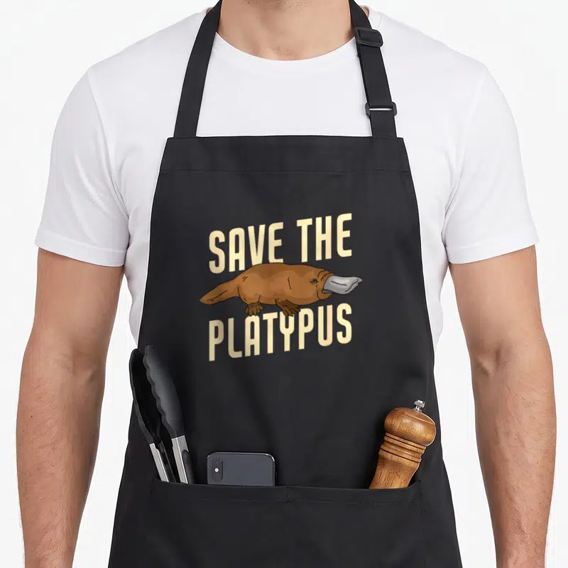 Tablier de cuisine noir avec illustration d'un ornithorynque et texte Save The Platypus en lettres capitales beige.