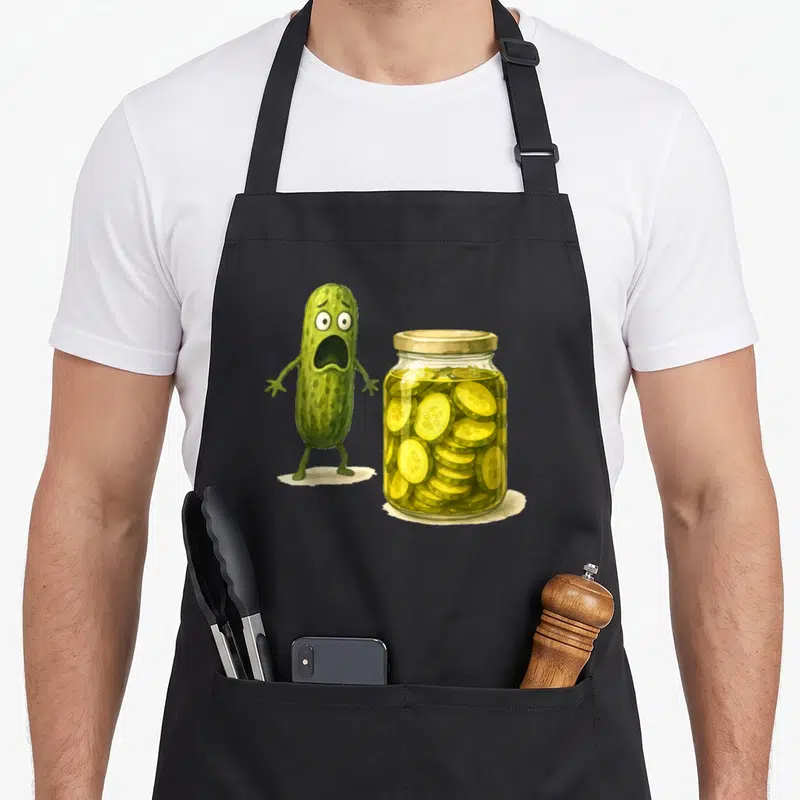Tablier de cuisine noir avec illustration d'un cornichon vert aux yeux écarquillés près d'un bocal de pickles jaunes.