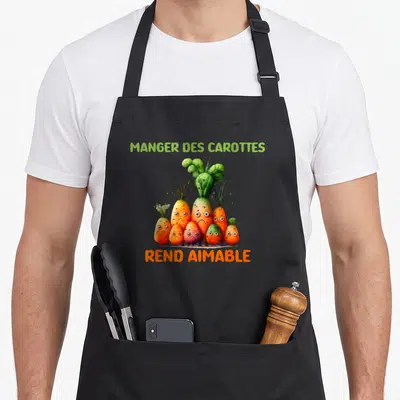 Tablier de cuisine noir avec illustration de carottes aux visages tristes et texte mange des carottes rend aimable en lettres colorées.