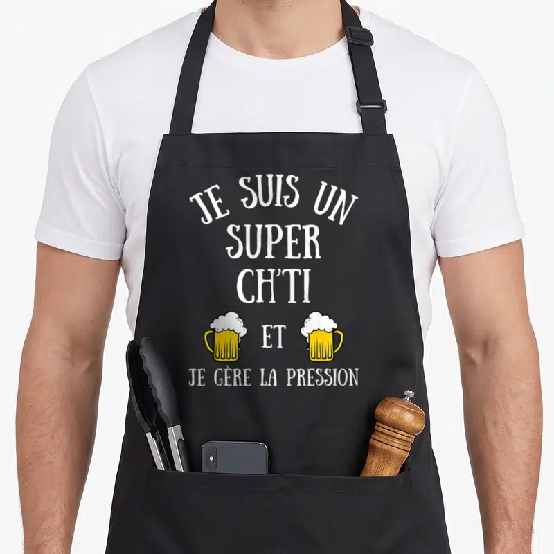 Tablier de cuisine noir avec inscription Je suis un super ch'ti et deux verres de bière jaune et blanc.