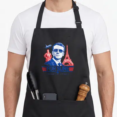 Tablier de cuisine noir avec illustration parodique d'un homme en lunettes de soleil et la mention For Sure President of la France.