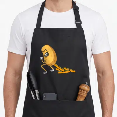 Tablier de cuisine noir avec illustration d'une pomme de terre souriante courant sur des frites dorées.