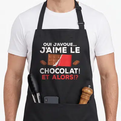 Tablier de cuisine noir avec une illustration de barre de chocolat et le texte « OUI J'AVOUE... J'AIME LE CHOCOLAT! ET ALORS!? »