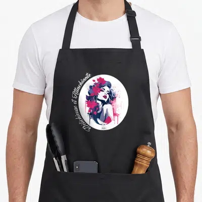 Tablier de cuisine noir avec illustration femme aux fleurs roses et texte délichieuse et attachante en blanc.