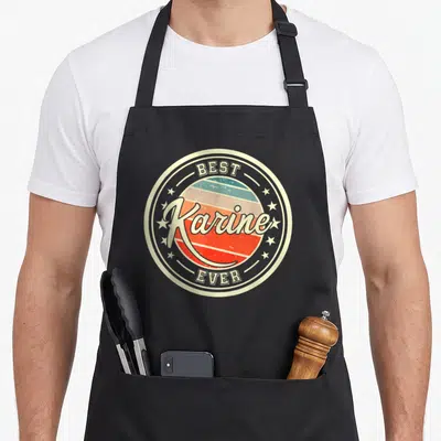 Tablier de cuisine noir avec logo circulaire retro best Karine ever étoiles et bandes colorées