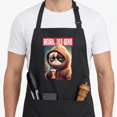 Tablier de cuisine noir avec illustration d'un chat grognon en haut à capuche tenant une tasse de café et le texte « Beurk des gens ».