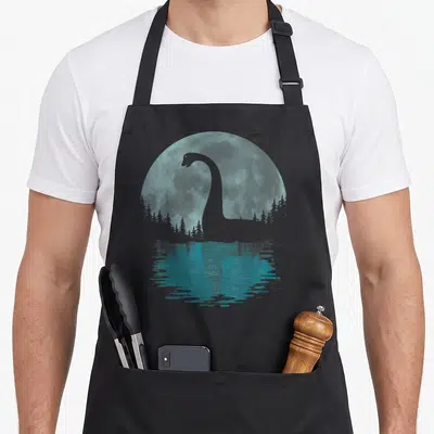 Tablier de cuisine noir avec illustration du monstre du Loch Ness sous une grande lune bleue au-dessus d'un lac.