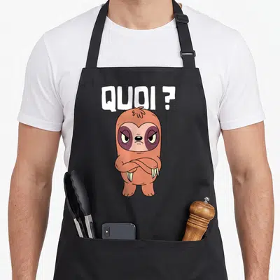 Tablier de cuisine noir avec illustration d'un sloth les bras croisés et le texte quoi ? en blanc au-dessus.