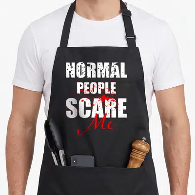 Tablier de cuisine noir avec inscription white normal gens me font peur et taches rouges style sang