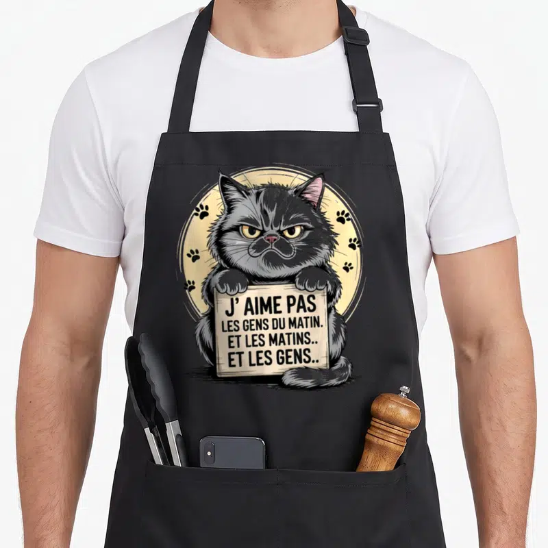 Tablier de cuisine noir avec illustration d'un chat gris grincheux tenant une pancarte humoristique.