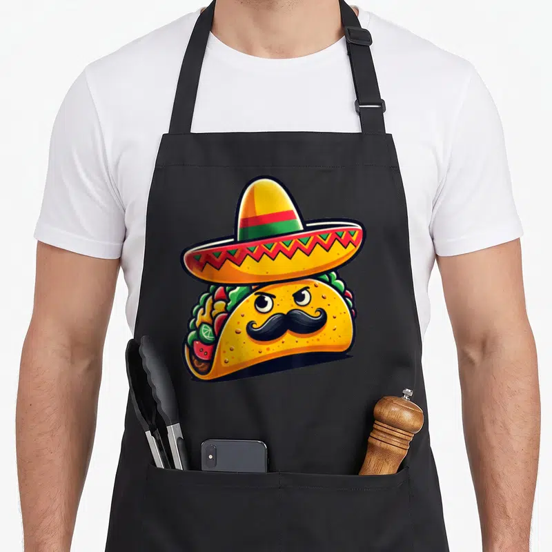 Tablier de cuisine noir avec illustration d'un taco portant un sombrero coloré et une moustache noire fournie.
