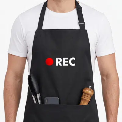 Tablier de cuisine noir avec un point rouge et les lettres REC en blanc au centre.