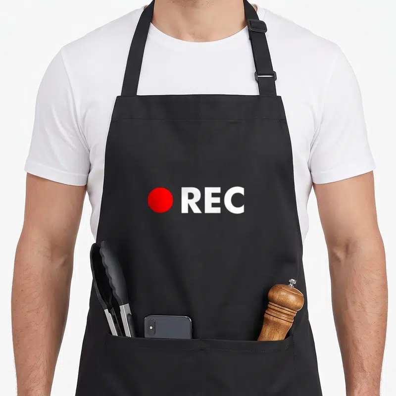 Tablier de cuisine noir avec un point rouge et les lettres REC en blanc au centre.