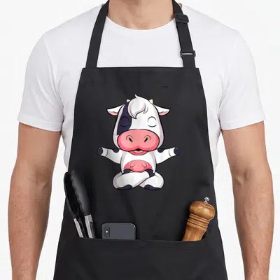 Tablier de cuisine noir avec une vache blanche et noire assise en tailleur les yeux fermés.
