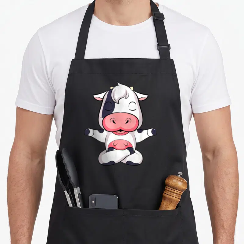 Tablier de cuisine noir avec une vache blanche et noire assise en tailleur les yeux fermés.